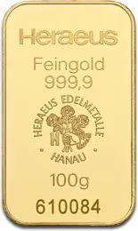 100 Gramm Goldbarren | Heraeus mit Zertifikat Kostenfreie Lieferung