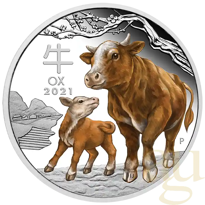 Neu Im Sortiment 1 Unze Silbermünze Australien Lunar III Ochse 2021 - polierte platte - coloriert