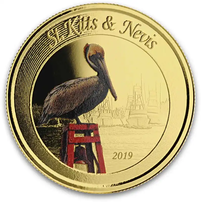 Neuheit 1 Unze Goldmünze EC8 St. Kitts & Nevis - Pelikan 2019 - coloriert