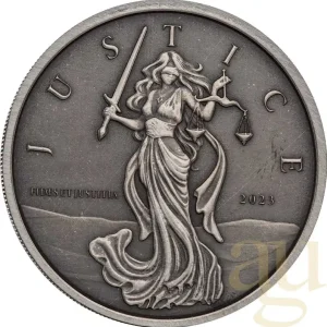 1 Unze Silbermünze Gibraltar Lady Justice 2023 - Antik Finish Geld-Zurück-Garantie