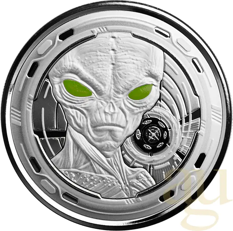 Sonderangebot 1 Unze Silbermünze Afrika Ghana Alien 2022 - Coloriert