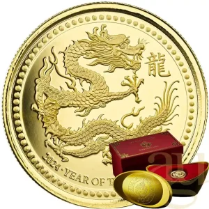 Schnäppchen 1 Unze Goldmünze Samoa Drache 2024 - polierte Platte