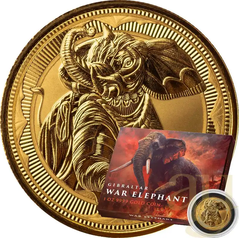 1 Unze Goldmünze Gibraltar War Elephant 2023 Preis Gesenkt