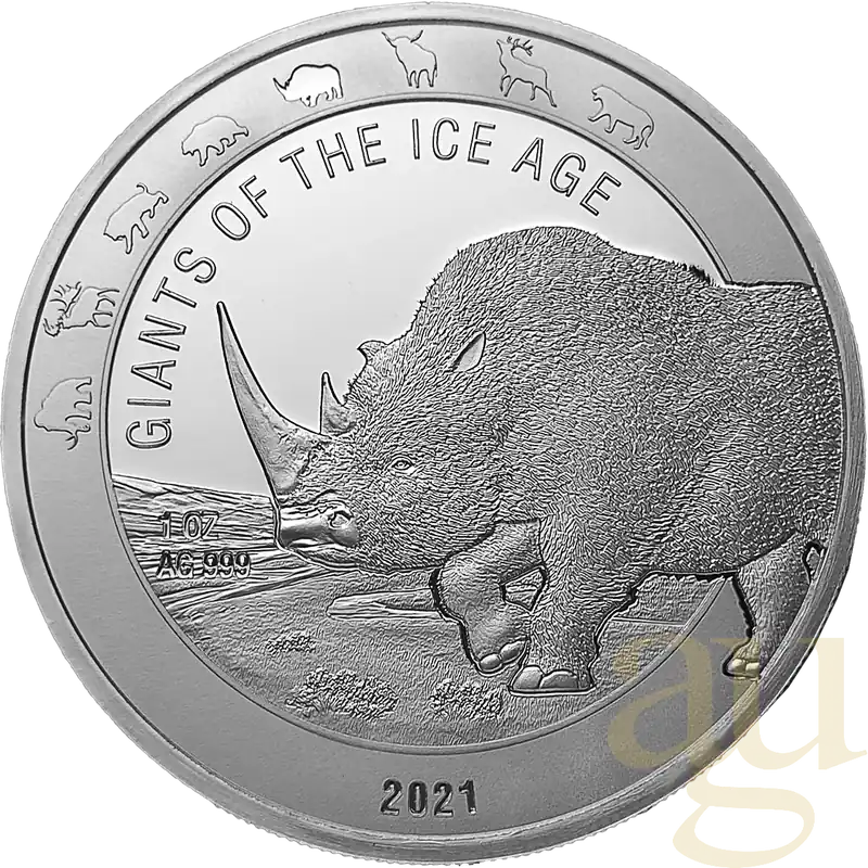 1 Unze Silbermünze Giganten der Eiszeit - Wollnashorn 2021 Nur Heute
