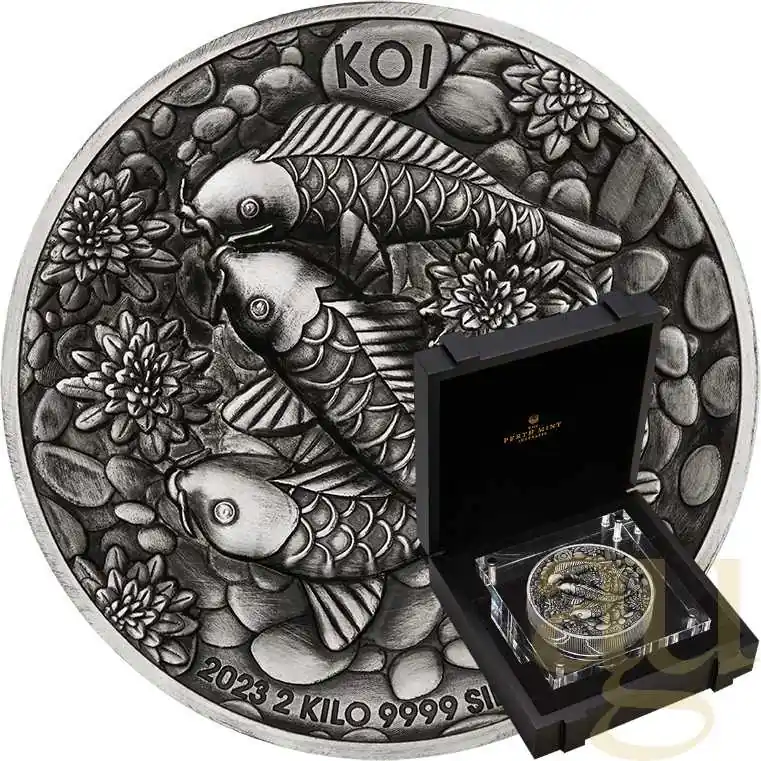 2 Kilogramm Silbermünze Australien Koi Fish 2023 - Antik Finish - High Relief Geprüft