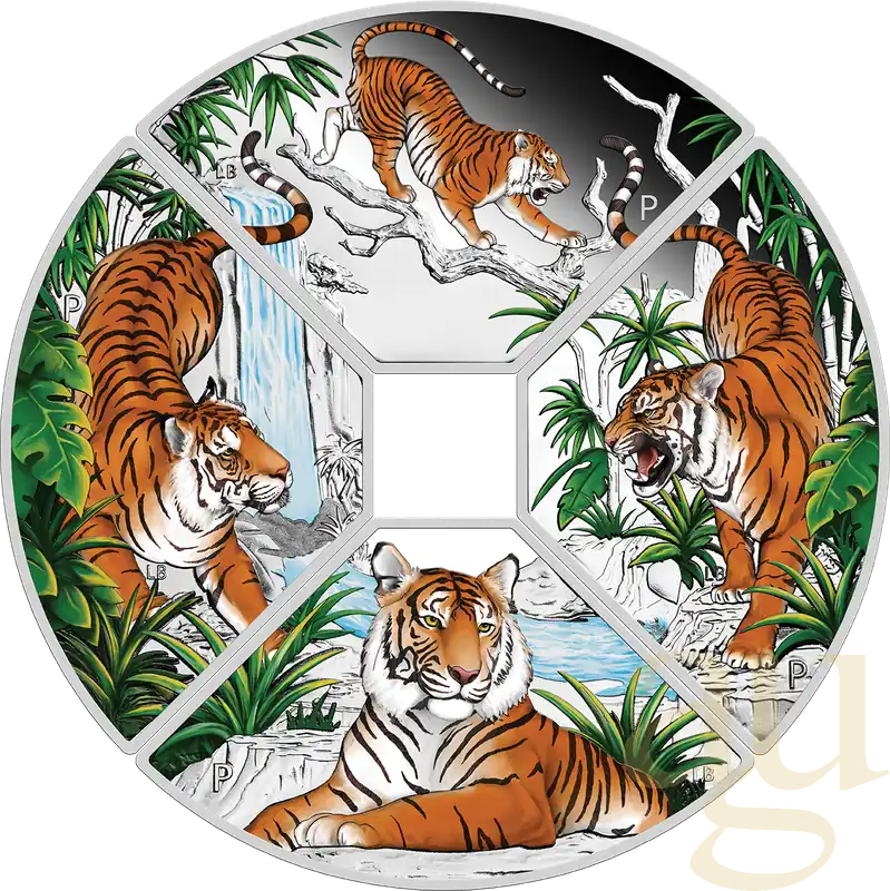 4x 1 Unze Silbermünze Australien Lunar III Tiger 2022 Quadrant Four-Coin-Set coloriert - Proof Neuheit
