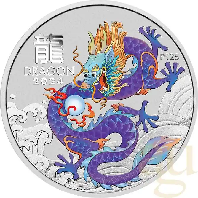 1 Unze Silbermünze Australien Lunar III Drache 2024 violett coloriert Versand Am Gleichen Tag