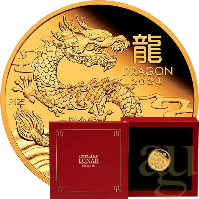 Echt 1/10 Unze Goldmünze Australien Lunar III Drache 2024 - polierte Platte