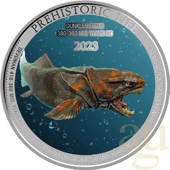 1 Unze Silbermünze Prehistoric Life - Dunkleosaurus 2023 coloriert Gratis Versand