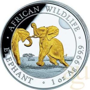 Geld-Zurück-Garantie 1 Unze Silbermünze Somalia Elefant 2024 - teilvergoldet
