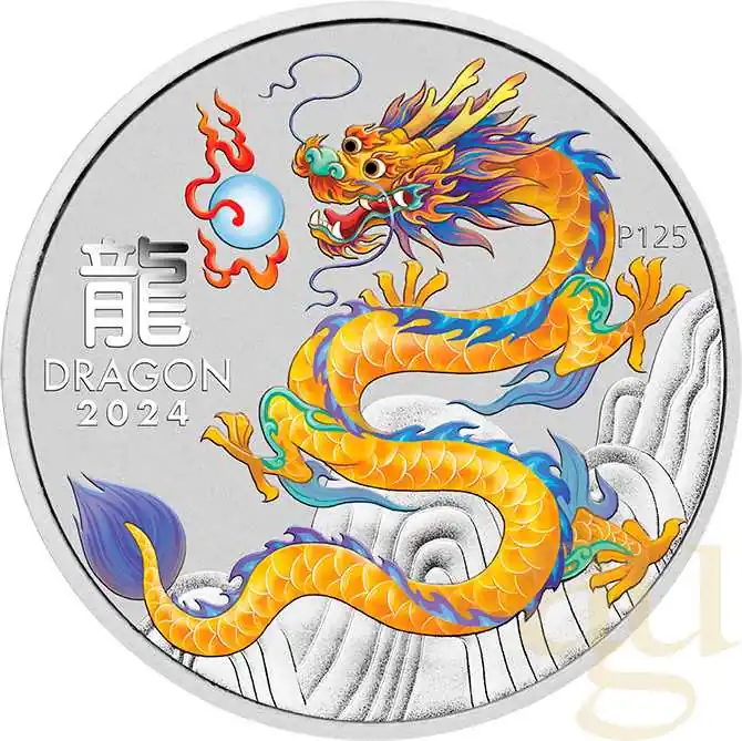 Finale Aktion 1 Unze Silbermünze Australien Lunar III Drache 2024 gelb coloriert