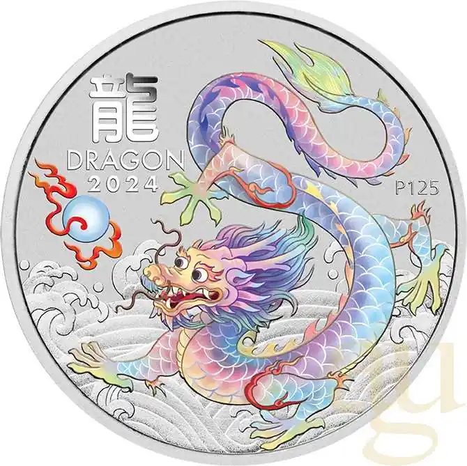1 Unze Silbermünze Australien Lunar III Drache 2024 weiß coloriert Handgefertigt