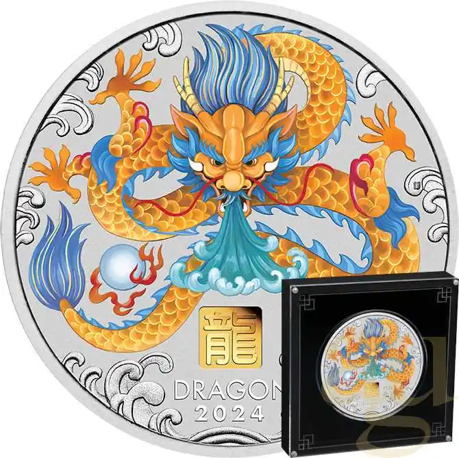 1 Kilogramm Silbermünze Australien Lunar III Drache 2024 - coloriert mit 1g Gold Privy Mark Rabatt