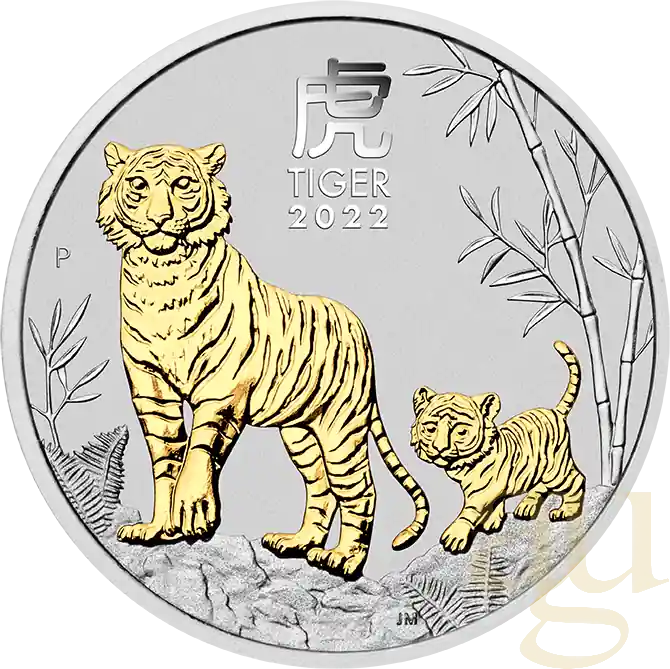 Handgefertigt 1 Unze Silbermünze Australien Lunar III Tiger 2022 teilvergoldet