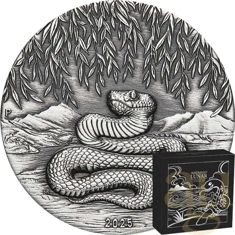 Premium 2 Unzen Silbermünze Australien Lunar III Schlange 2025 - Antik Finish