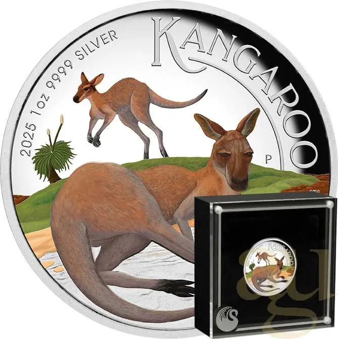 Online Kaufen 1 Unze Silbermünze Australien Känguru 2025 - polierte Platte - High Relief - coloriert