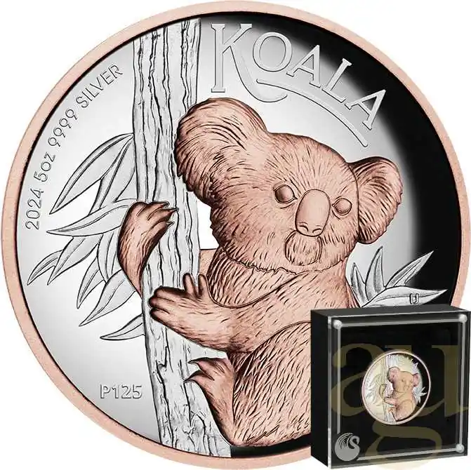 Original 5 Unzen Silbermünze Australien Koala 2024 - High Relief - polierte Platte - rosè vergoldet