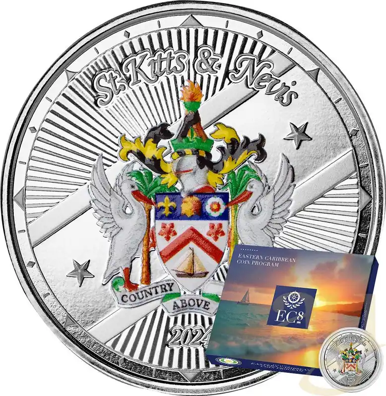 Preis Gesenkt 1 Unze Silbermünze EC8 St. Kitts & Nevis - Coat of Arms 2024 - coloriert