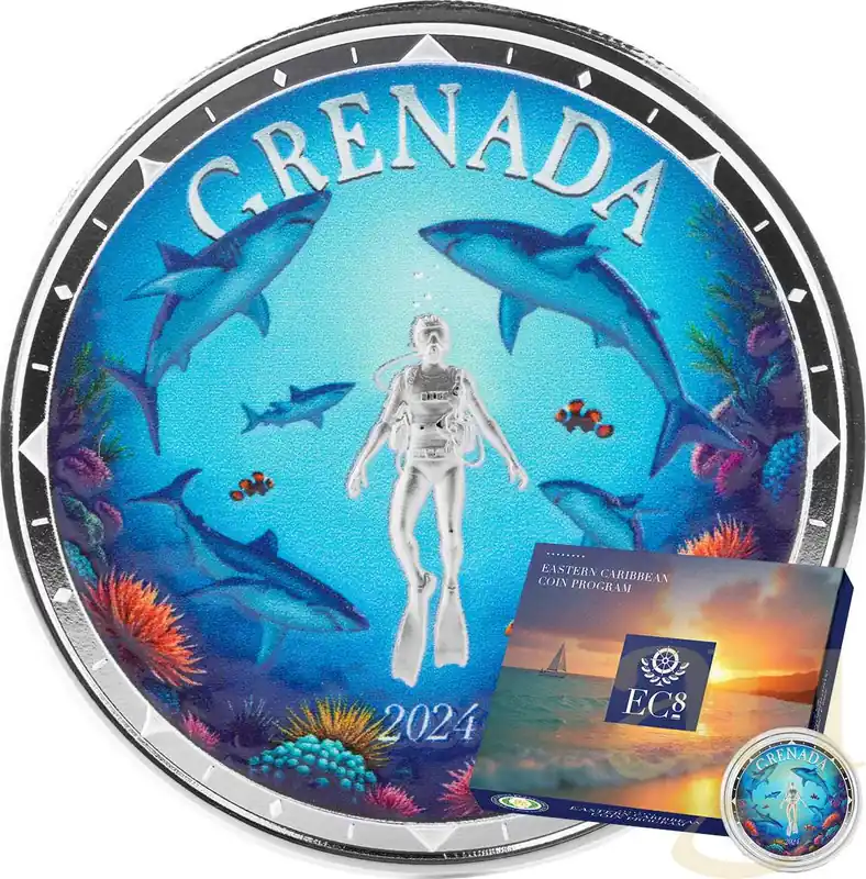1 Unze Silbermünze EC8 Grenada - Shark Diver 2024 - coloriert Meistverkauft