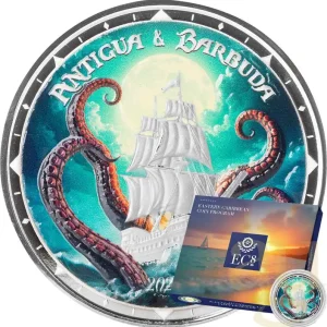 Premium 1 Unze Silbermünze EC8 Antigua & Barbuda - Rum Runner and Kraken 2024 - coloriert