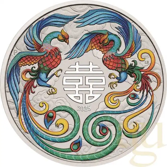 Sonderangebot 1 Unze Silbermünze Australien Chinese Myths and Legends Double Phoenix 2025 - coloriert