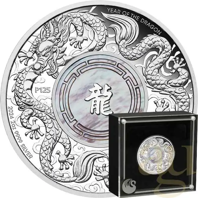 Mengenrabatt 2 Unzen Silbermünze Australien Mother of Pearl Double Dragon 2024 - polierte Platte