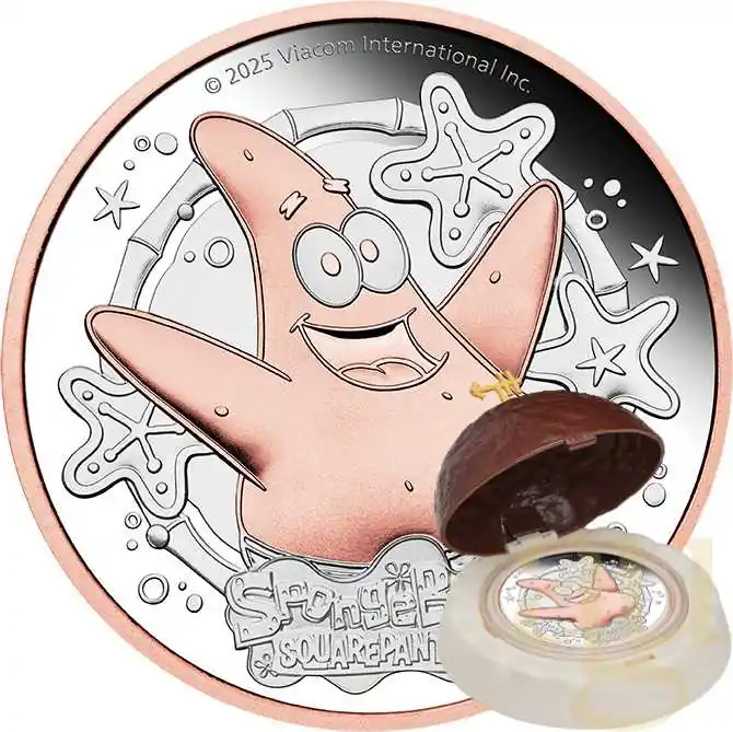 Kostenfreie Lieferung 2 Unzen Silbermünze Tuvalu Spongebob Schwammkopf - Patrick Star 2025 rosé teilvergoldet - proof