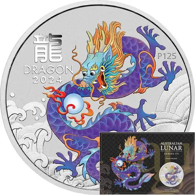 Jetzt Bestellen 1 Unze Silbermünze Australien Lunar III Drache 2024 violett coloriert - Coincard