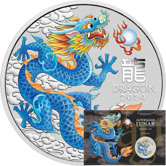 Super-Preis 1 Unze Silbermünze Australien Lunar III Drache 2024 blau coloriert - Coincard