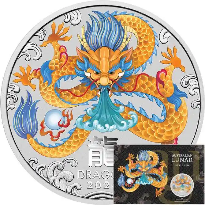 Must-Have 1 Unze Silbermünze Australien Lunar III Drache 2024 coloriert - Coincard