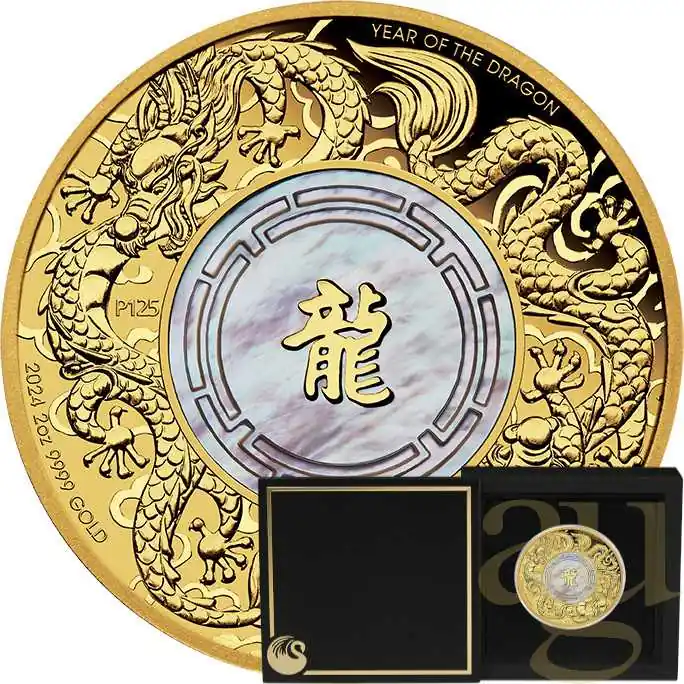 2 Unzen Goldmünze Australien Mother of Pearl Double Dragon 2024 - polierte Platte Exklusiv