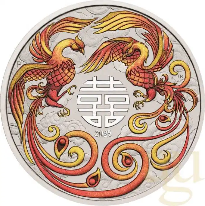 1 Unze Silbermünze Australien Chinese Myths and Legends Double Phoenix 2025 - Rot/Gold coloriert Markenware