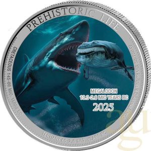 1 Unze Silbermünze Prehistoric Life II - Megalodon 2025 coloriert Kostenloser Versand