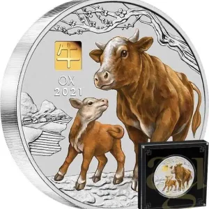 1 Kilogramm Silbermünze Australien Lunar III Ochse 2021- coloriert mit 1g Gold Privy Mark Geprüft