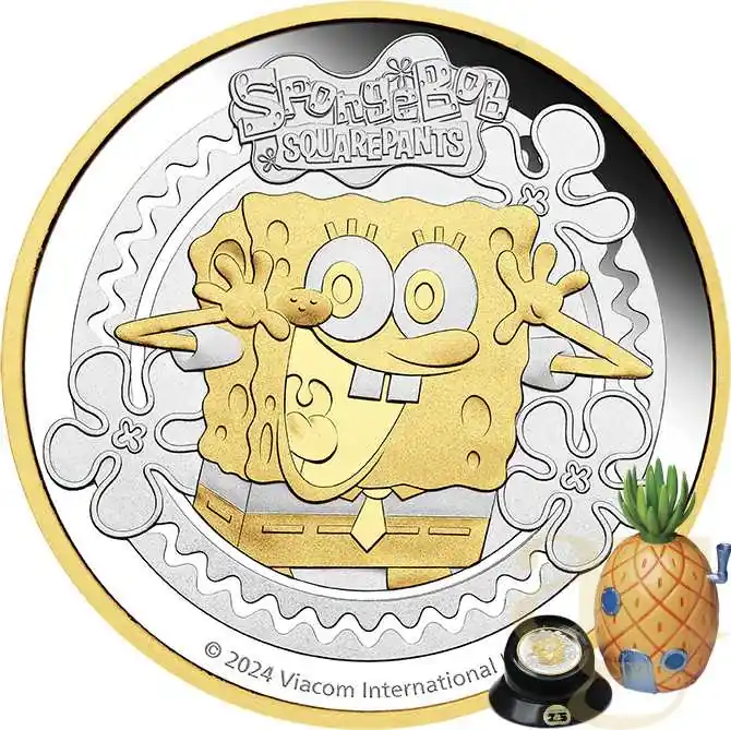 Echt 2 Unzen Silbermünze Tuvalu Spongebob Schwammkopf 2024 teilvergoldet - polierte Platte