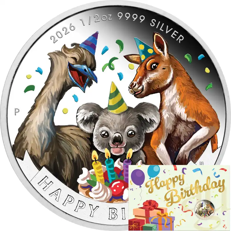 1/2 Unze Silbermünze Australien Happy Birthday 2026 - polierte Platte - coloriert - Coincard Neu Im Sortiment