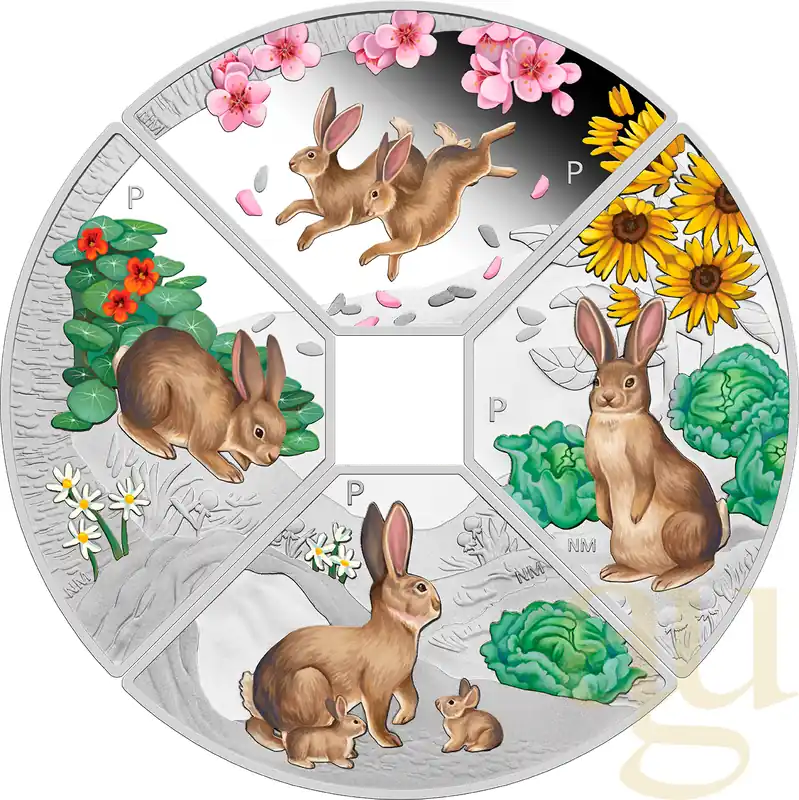 Neue Kollektion 4x 1 Unze Silbermünze Australien Lunar III Hase 2023 Quadrant Four-Coin-Set coloriert - Proof