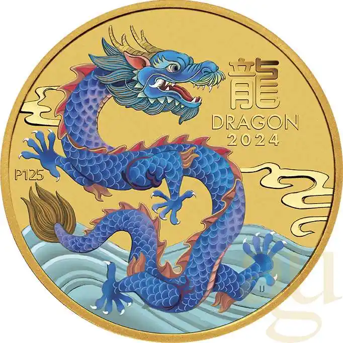 Billig 1/20 Unze Goldmünze Australien Lunar III Drache 2024 - coloriert