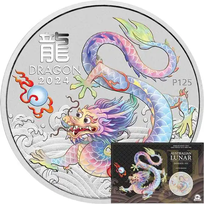 1 Unze Silbermünze Australien Lunar III Drache 2024 ANDA Special weiß coloriert - Coincard Kostenfreie Lieferung