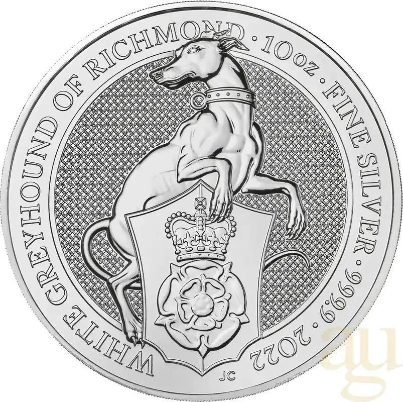 Aktuell 10 Unzen Silbermünze Queens Beasts White Greyhound 2022