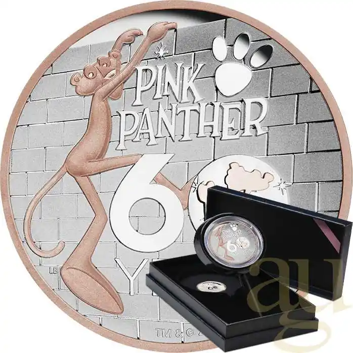 5 Unzen Silbermünze Tuvalu - 60 Jahre The Pink Panther 2024 - High Relief - teilvergoldet Letzte Chance