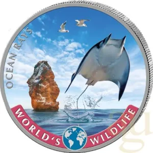 Wochenendangebot 1 Unze Silbermünze Kongo World´s Wildlife - Rochen 2023 - coloriert