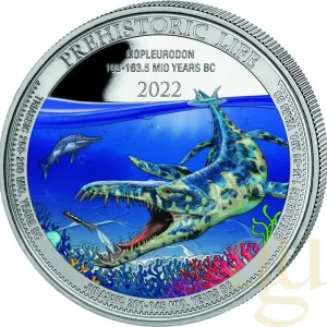 1 Unze Silbermünze Prehistoric Life - Liopleurodon 2022 coloriert Abverkauf