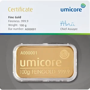 Sonderaktion 100 Gramm Goldbarren Umicore