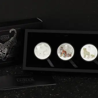 Silbermünzen 1oz "Tiger" 2022 (PP/kol./vergoldet) Set – 3-teilig Lunar III (Australien) Aktuell