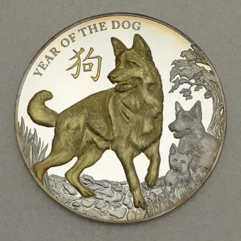 Kracherpreis Silbermünze 5oz "Hund" 2018 (PP/HR/vergoldet) Year of the Dog (Niue)