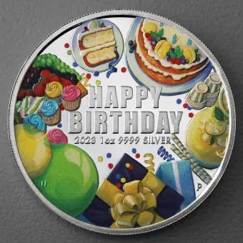 Hochwertig Silbermünze 1oz 2023 "Happy Birthday" Perth Mint Polierte Platte (Australien)