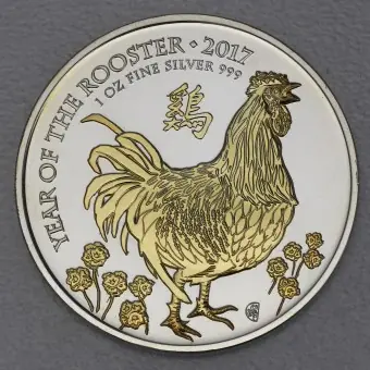 Silbermünze 1oz "Hahn" 2017 (vergoldet) Lunar – Year of the Rooster (Großbritannien) Preis Gesenkt