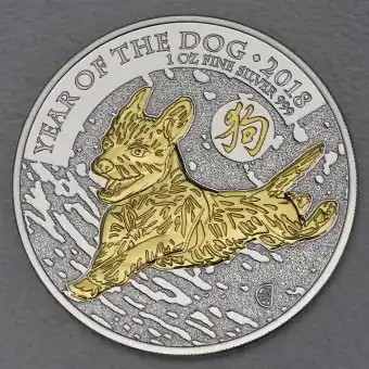 Letzte Chance Silbermünze 1oz "Hund" 2018 (vergoldet) Lunar II – Year of the Dog (Großbritannien)