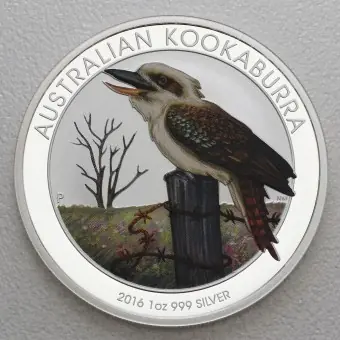 Geprüft Silbermünze 1oz "Kookaburra" 2016 (koloriert) World Money Fair Berlin (Australien)